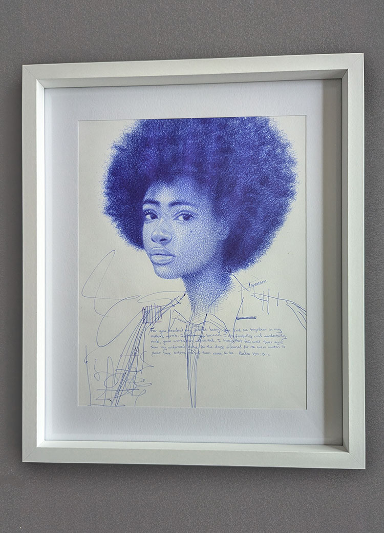 Ballpoint pen drawing on paper. Title: "afrocentric"