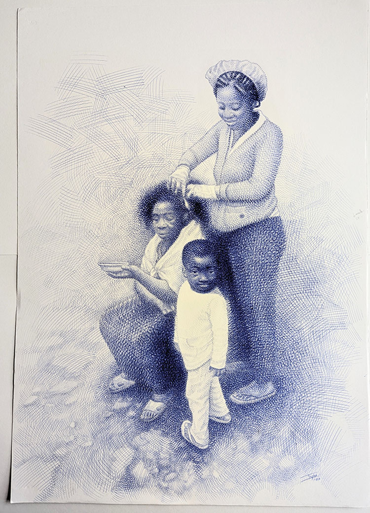 Ballpoint pen drawing on paper. Title: "Memories in stone"