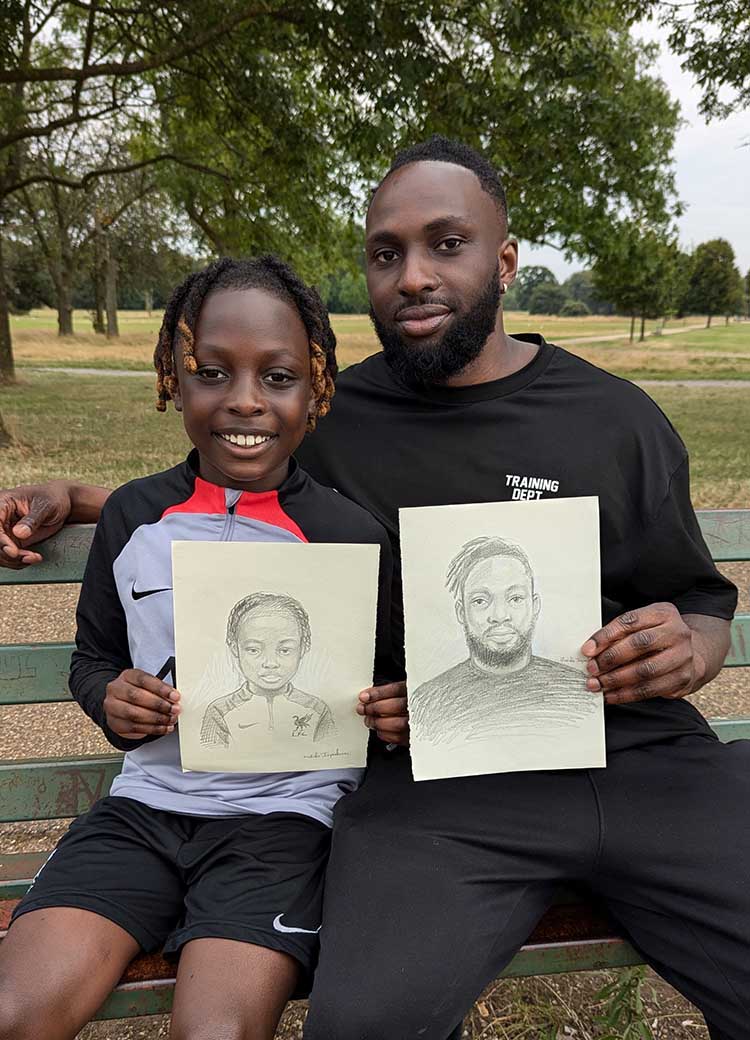 Life portrait drawing of father and Son at Perry Park